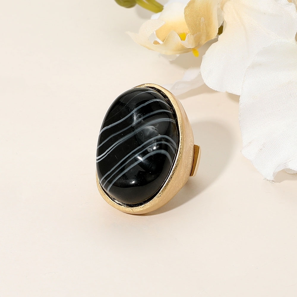 Black Marbled Oval Stone Stretch Bold Statement Ring Boho Cocktail Jewelry